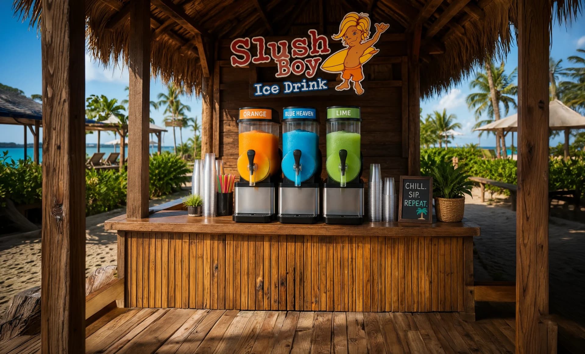 Slush Boy beach bar in Fiji serving Orange, Blue Heaven and Lime frozen drinks
